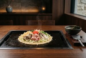 落ち着いた上質な内装で楽しむ、小綺麗に盛り付けられたもんじゃ焼き